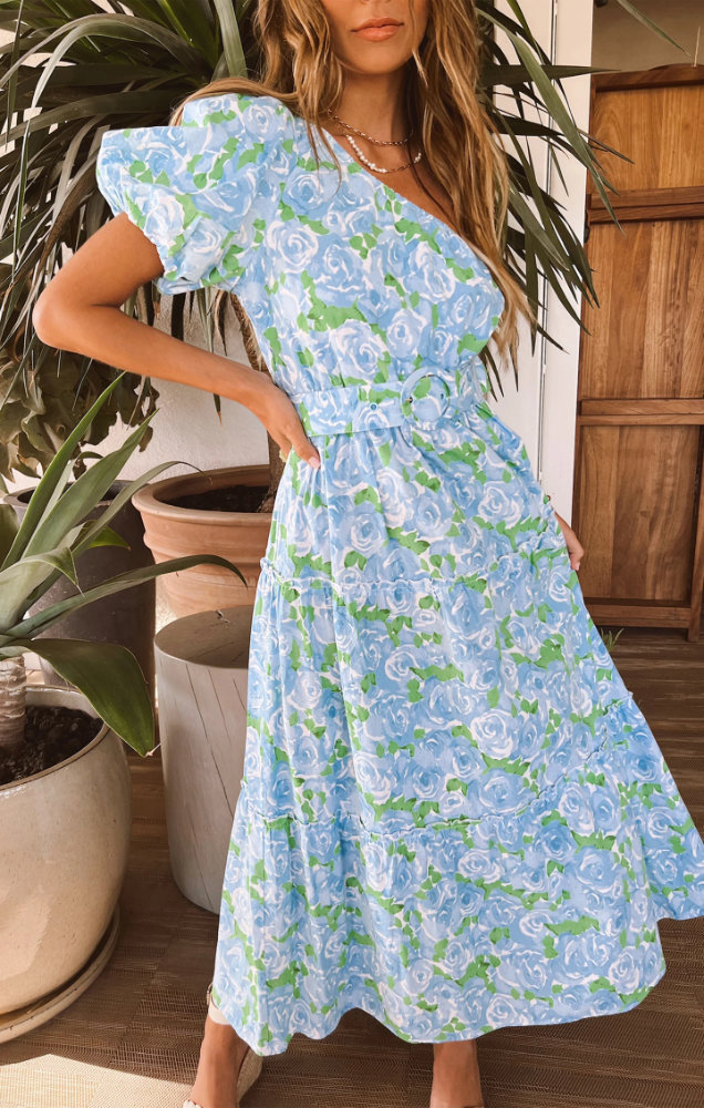 Santorini Outfit Ideas Santorini Dresses Something Blue Floral One Shoulder Dress Show Me Your Mumu