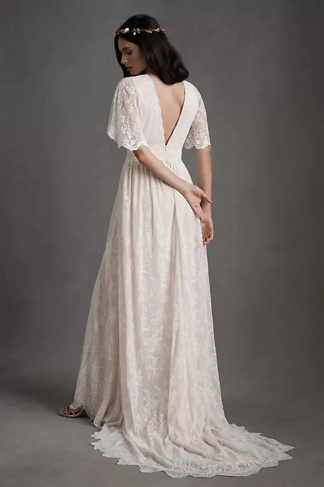 Simple Wedding Dresses for Eloping Embroidered Wedding Gown BHLDN Katarina Butterfly-Sleeve V-Neck Empire
