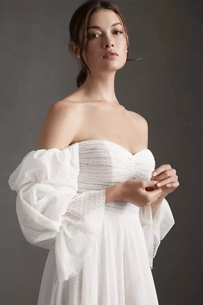 Simple Wedding Dresses for Eloping Tiered-Sleeve Off-Shoulder Mesh Column Wedding Gown Willowby by Watters Cameron