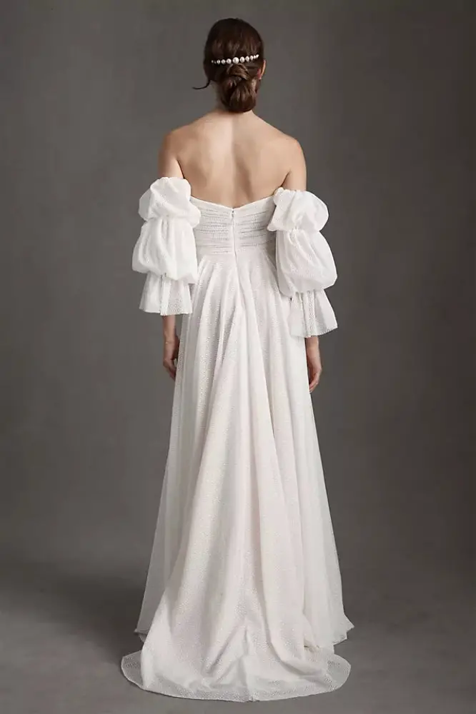 Simple Wedding Dresses for Eloping Tiered-Sleeve Off-Shoulder Mesh Column Wedding Gown Willowby by Watters Cameron