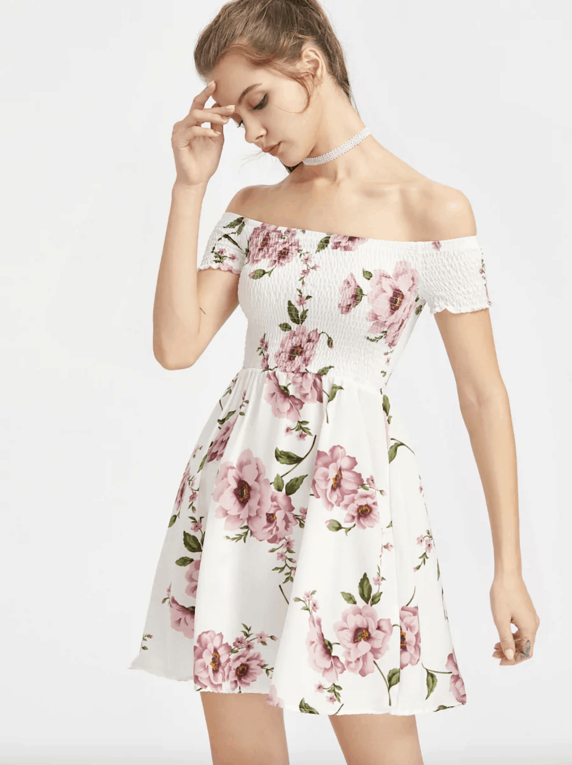 Summer Honeymoon Outfits Floral Print Smocked Bardot Dress