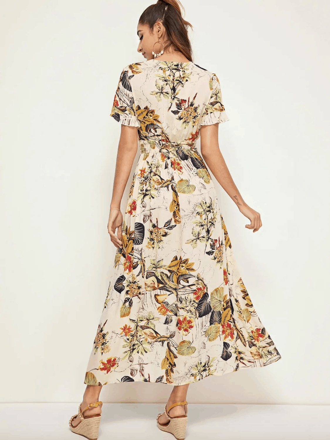 Summer Honeymoon Outfits for Her Botanical Print Shirred Waist Button Front Dress 2