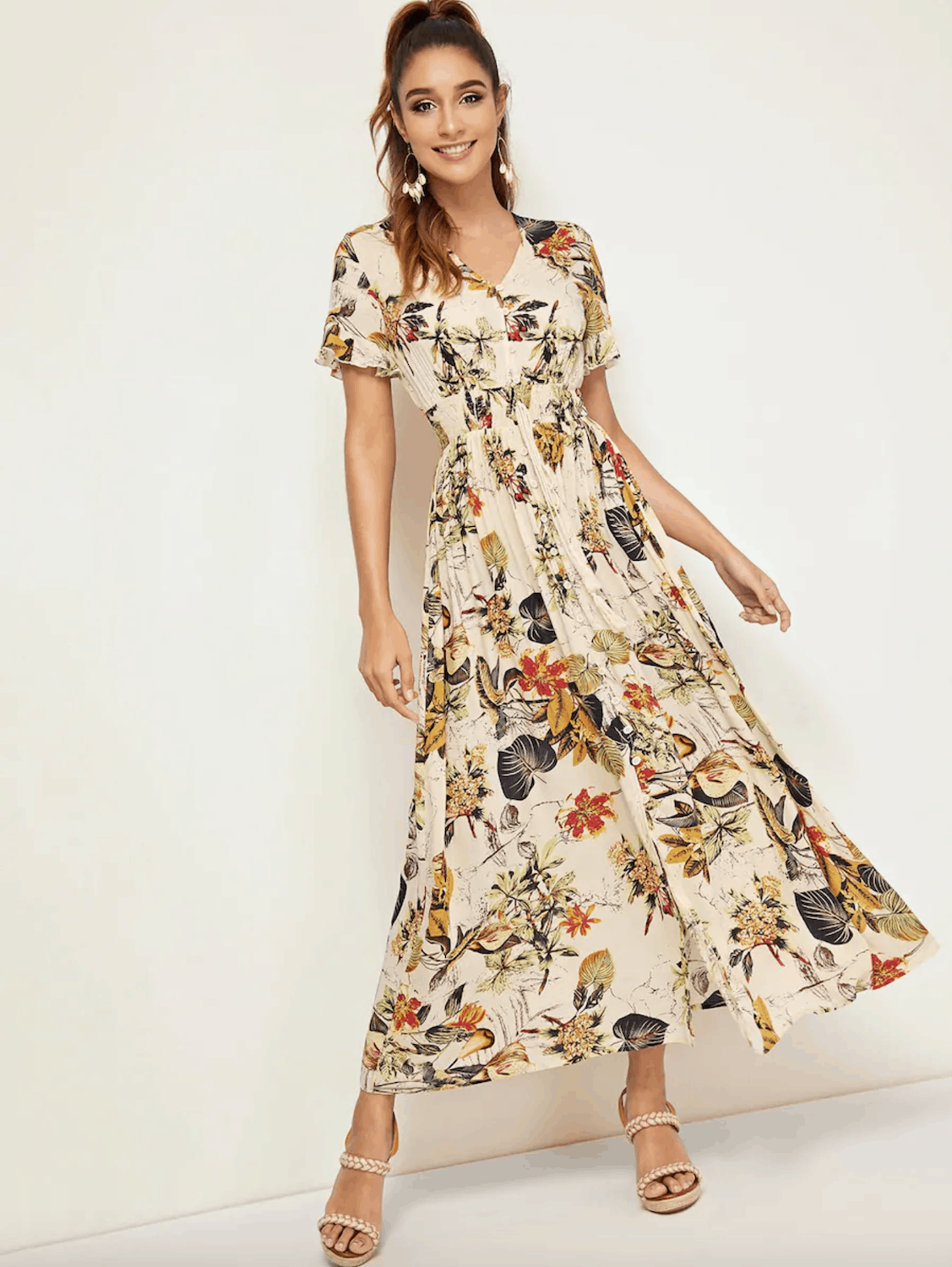 Summer Honeymoon Outfits for Her Botanical Print Shirred Waist Button Front Dress