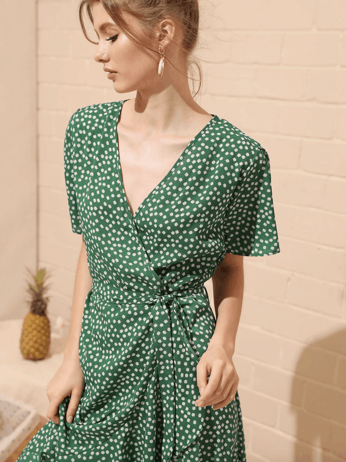 Summer Honeymoon Outfits for Her Green Ditsy Floral Print Wrap Dress 2