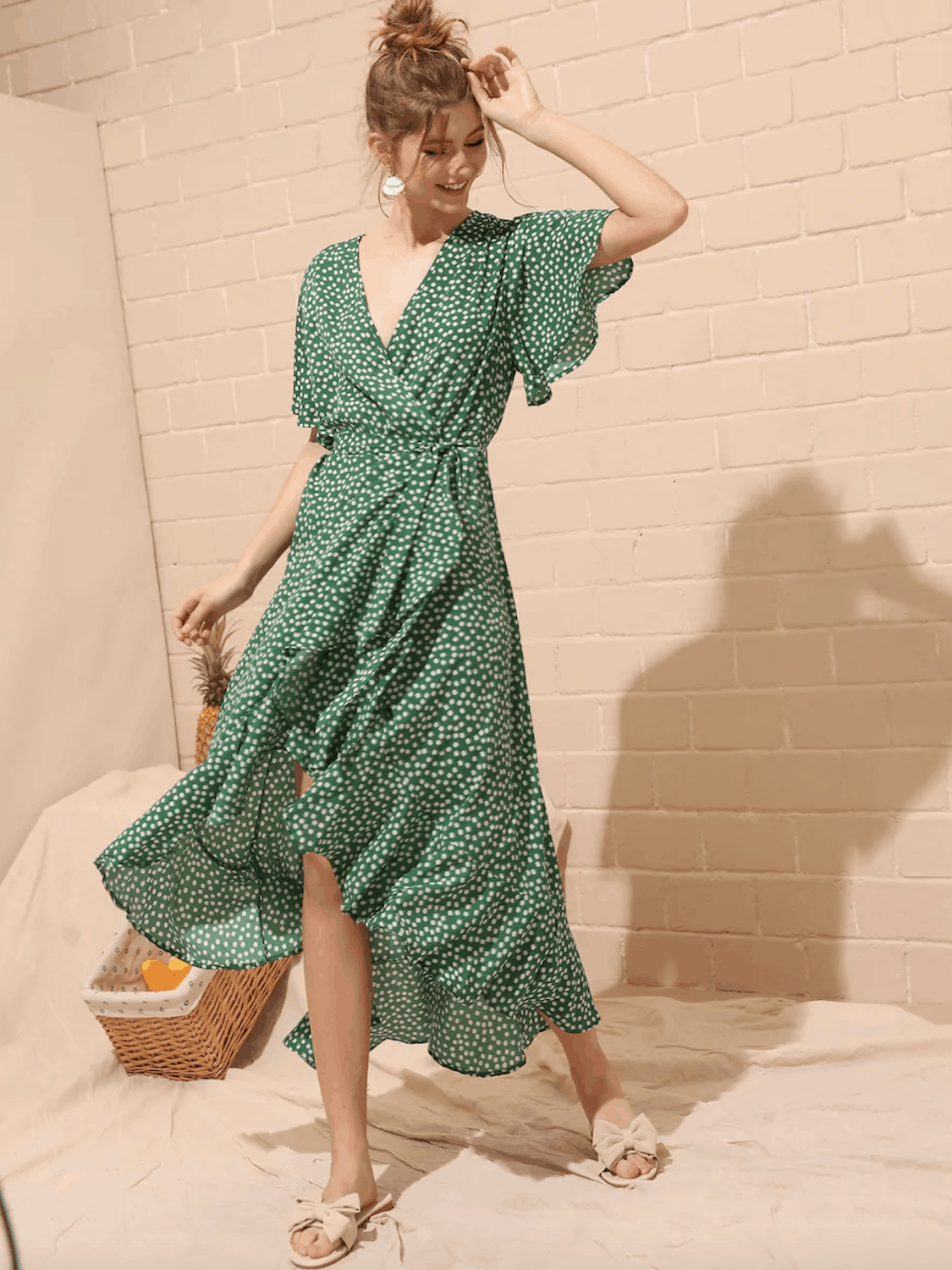 Summer Honeymoon Outfits for Her Green Ditsy Floral Print Wrap Dress