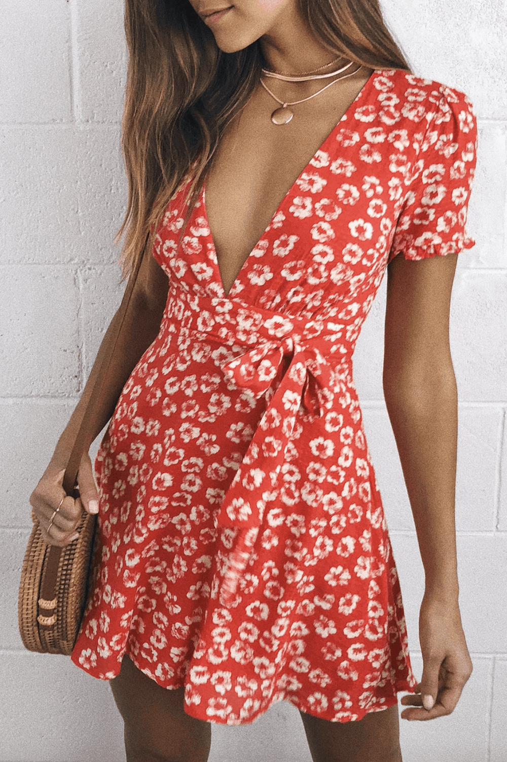 Summer Honeymoon Outfits for Her Red Floral Print Mini Dress