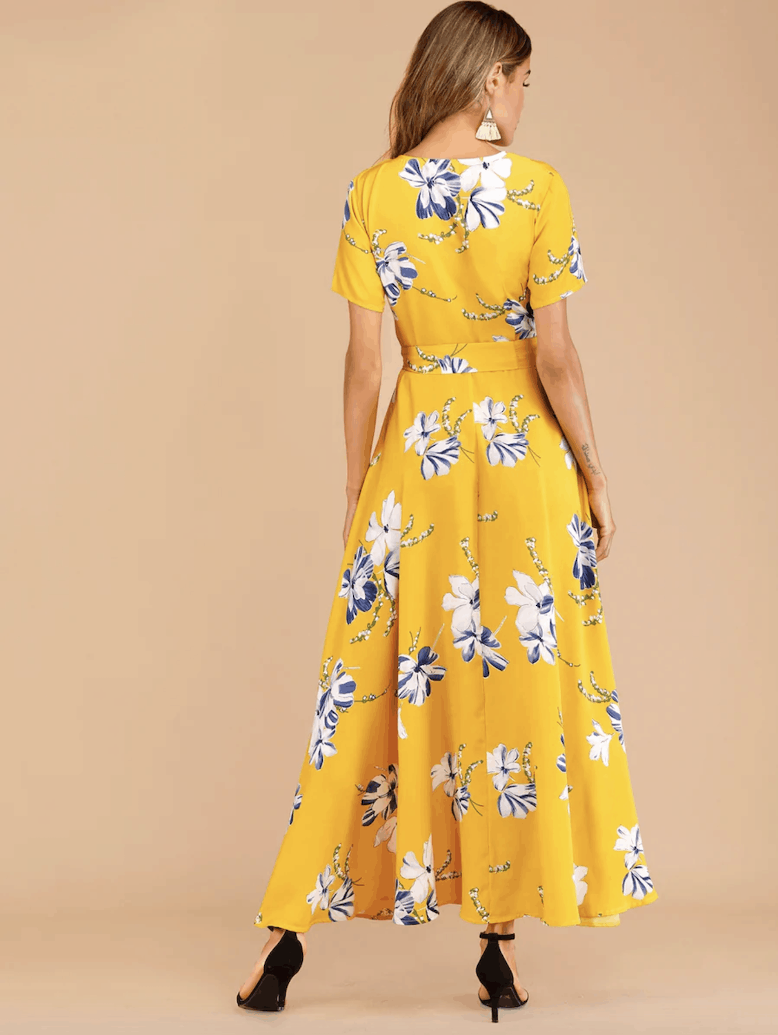 Summer Honeymoon Outfits for Her Yellow Floral Print Belted Dress 3
