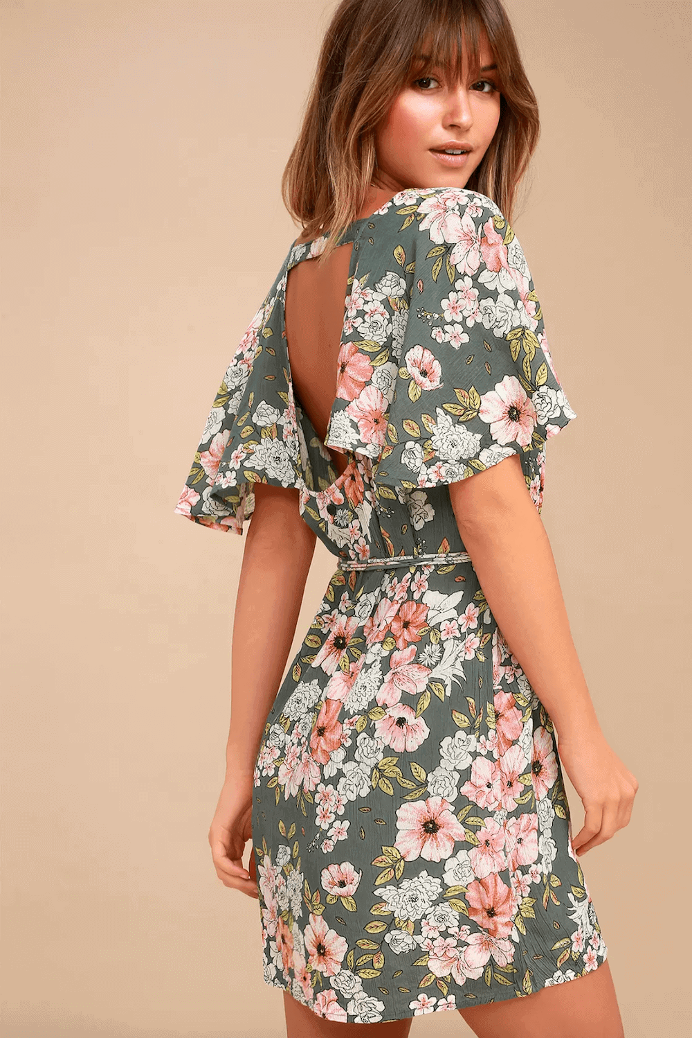 Summer Outfits for the Beach Sage Green Floral Print Mini Dress
