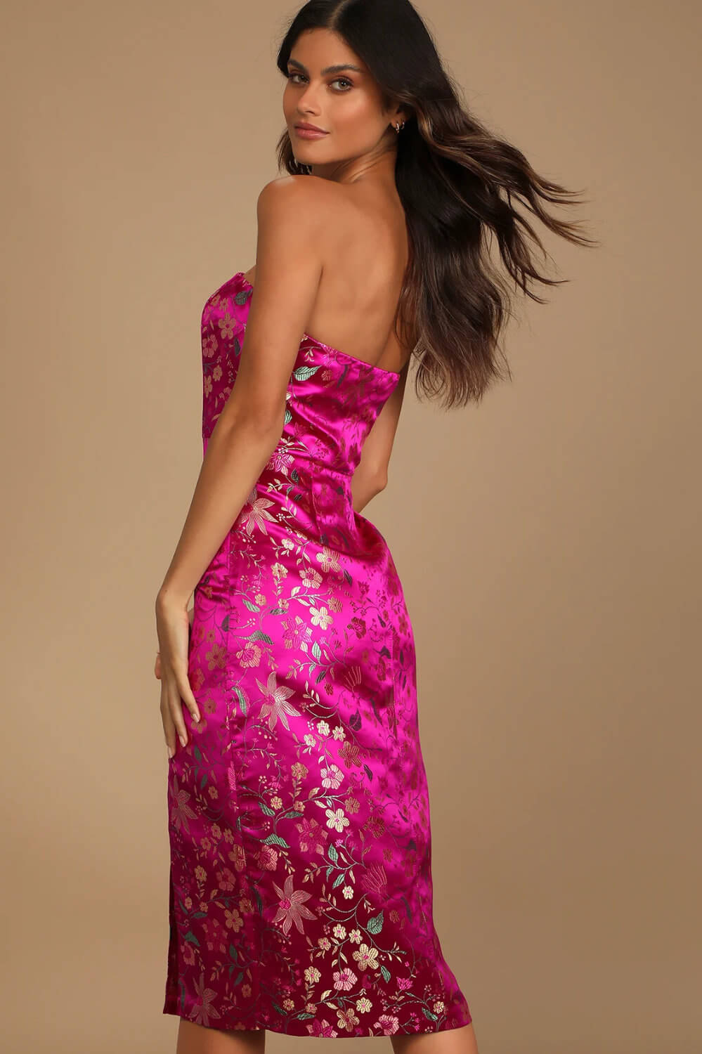 Unique Bridal Shower Dresses Magenta Pink Satin Floral Dress 3