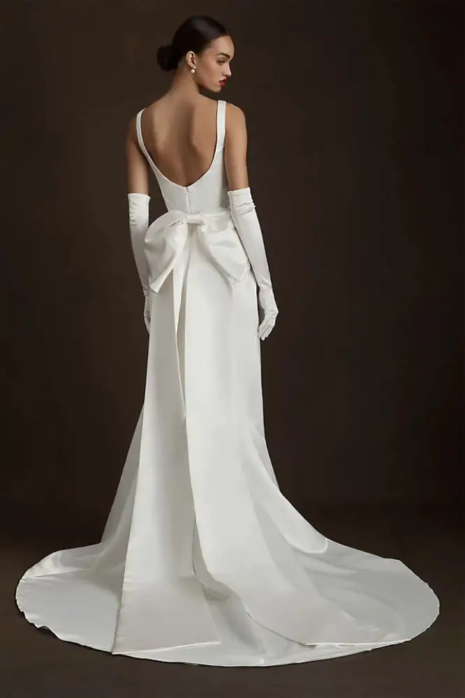 Vintage Inspired Wedding Dresses Square-Neck Bow Satin Wedding Gown Wtoo by Watters Laurie