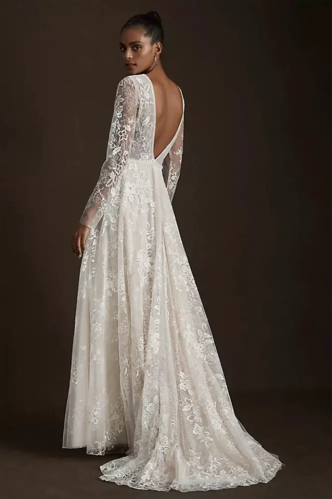 Vintage Wedding Dresses Riki Dalal Joan Illusion V-Neck Long-Sleeve Lace Wedding Gown Swarovski Crystal Belt