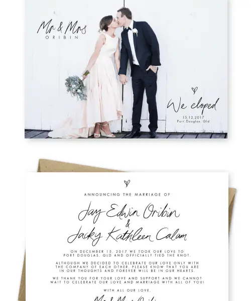 Wedding Elopement Ideas Simple Elopement Announcement Wording Cards Elopement Announcement Photo Ideas For the Love of Stationery Tulieve Photography