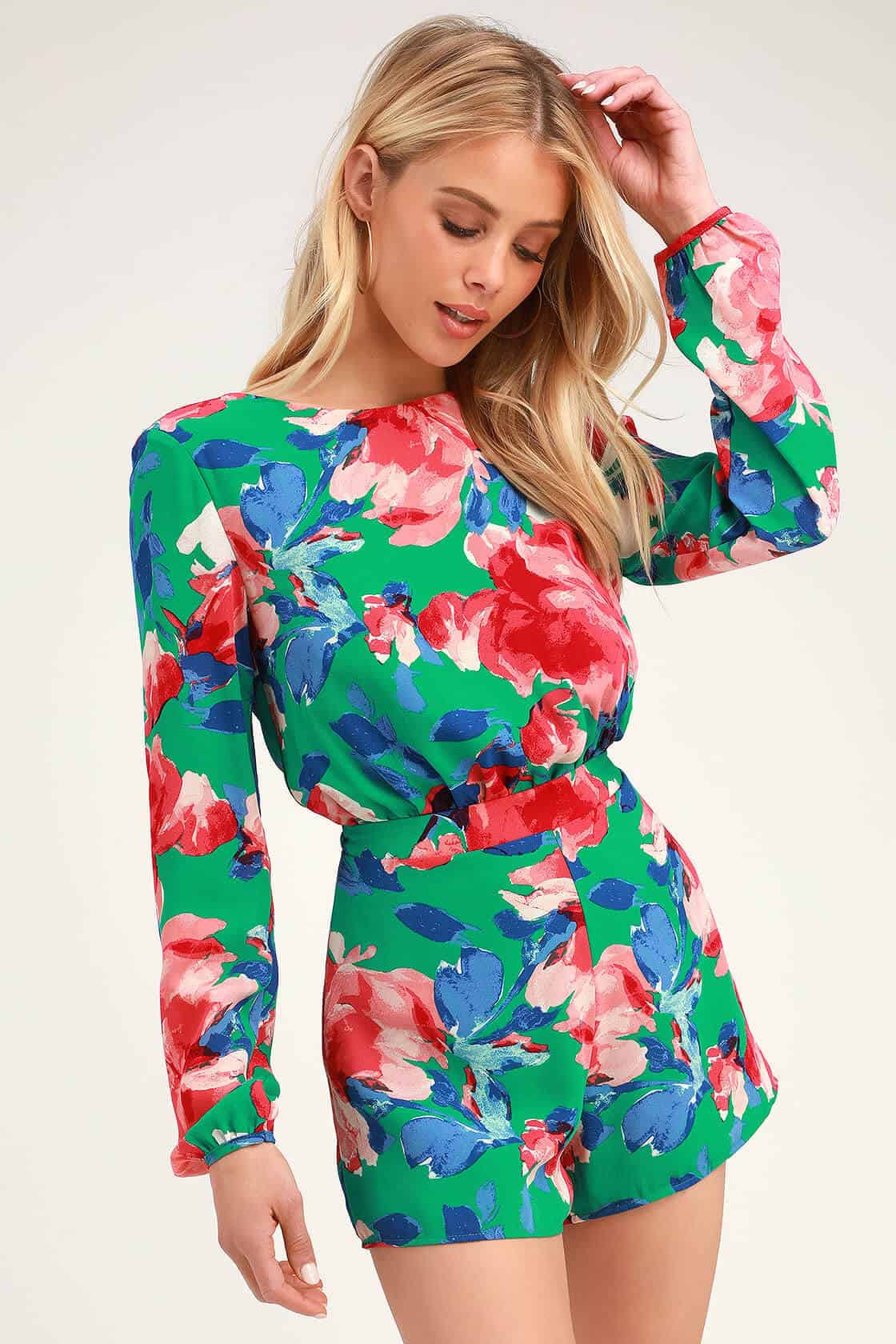 Wedding Guest Outfits Green Floral Print Playsuit Backless Long Sleeve Romper (1)