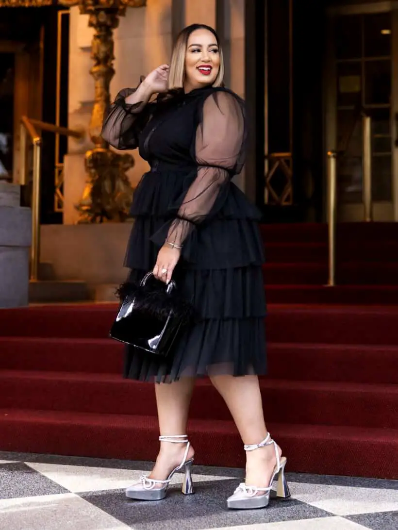 Wedding Guest Outfits for Curvy Ladies Black Tulle Evan Tiered Tulle Dress