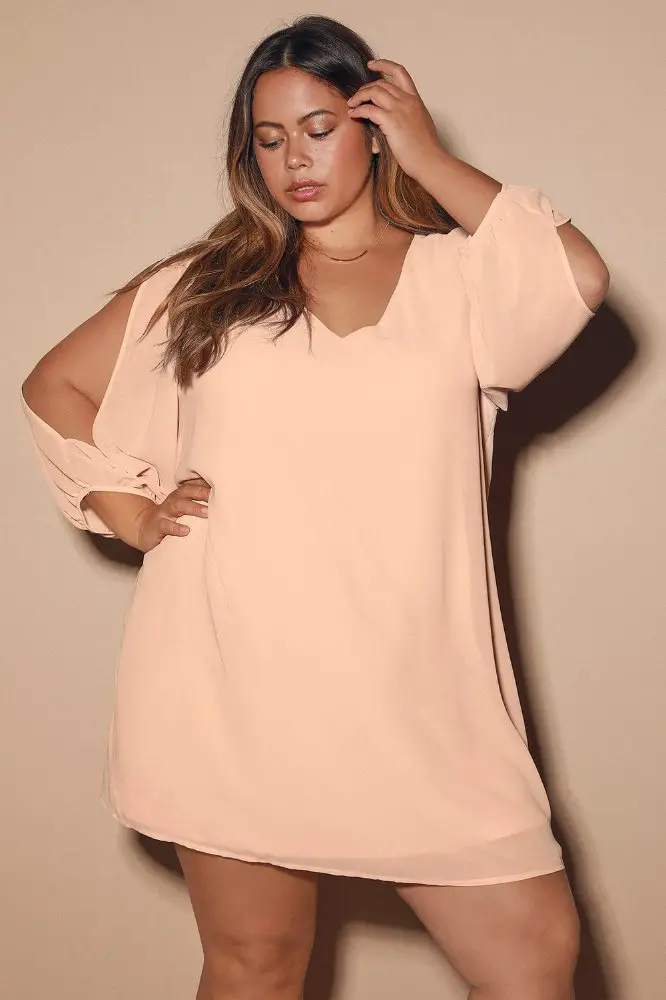 Wedding Guest Outfits for Curvy Ladies Blush Pink Long Sleeve Dress 3