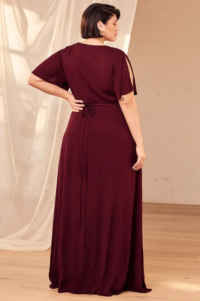 Wedding Guest Outfits for Curvy Ladies Burgundy Wrap Maxi Dress 2
