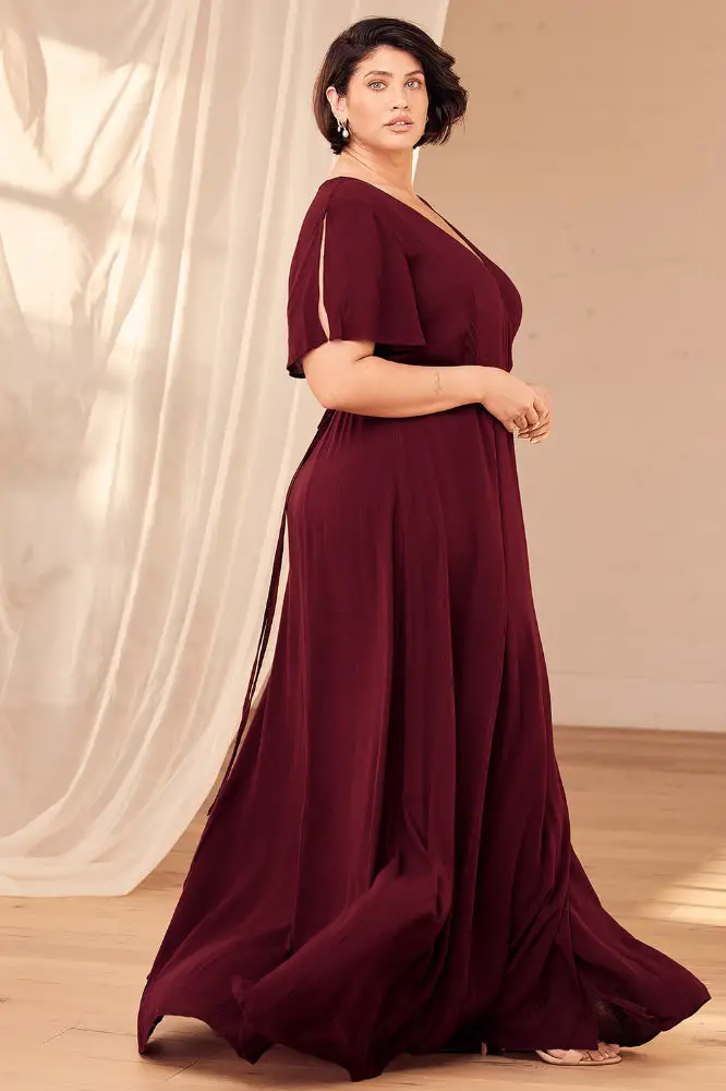 Wedding Guest Outfits for Curvy Ladies Burgundy Wrap Maxi Dress 4
