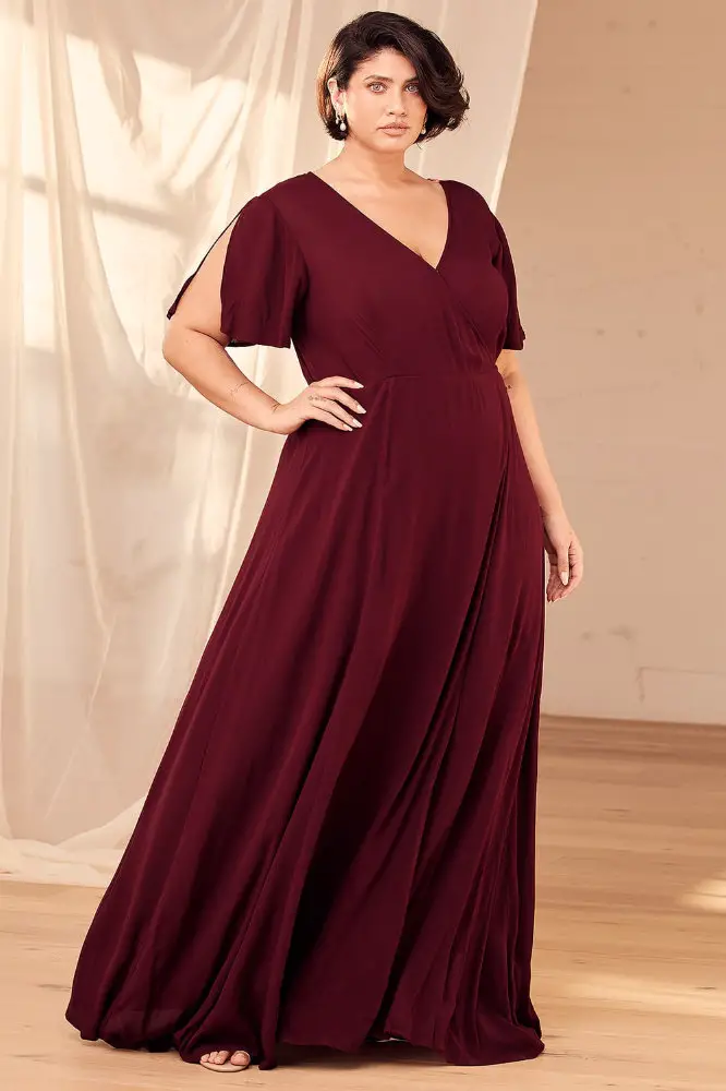 Wedding Guest Outfits for Curvy Ladies Burgundy Wrap Maxi Dress 5