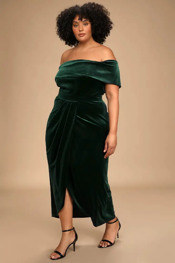 Wedding Guest Outfits for Curvy Ladies Green Off The Shoulder Maxi Dress