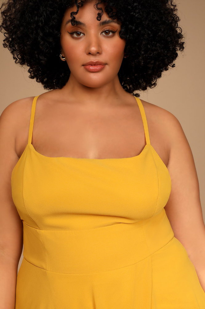 Wedding Guest Outfits for Curvy Ladies Mustard Yellow Backless Maxi Dress 2