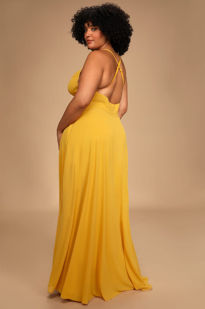 Wedding Guest Outfits for Curvy Ladies Mustard Yellow Backless Maxi Dress 3