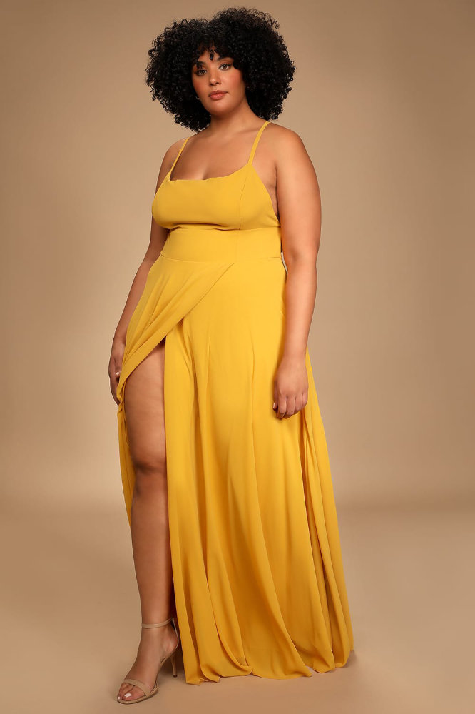 Wedding Guest Outfits for Curvy Ladies Mustard Yellow Backless Maxi Dress 4