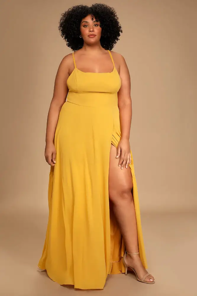 Wedding Guest Outfits for Curvy Ladies Mustard Yellow Backless Maxi Dress