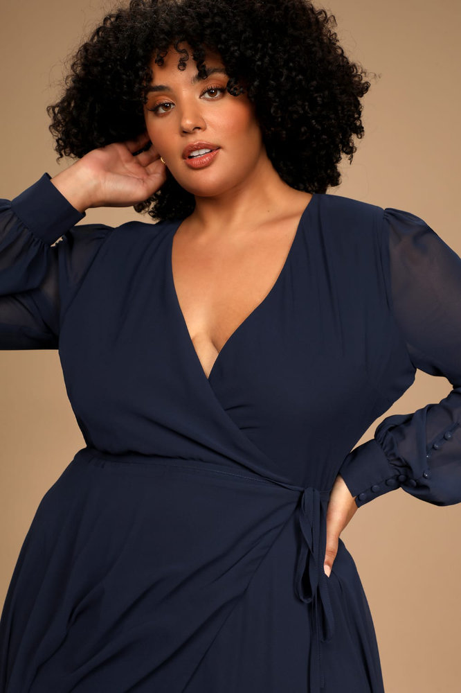 Wedding Guest Outfits for Curvy Ladies Navy Blue Long Sleeve Wrap Dress 2