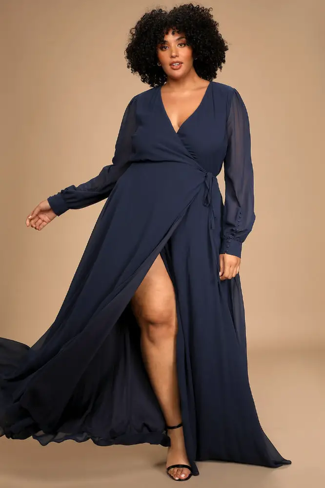 Wedding Guest Outfits for Curvy Ladies Navy Blue Long Sleeve Wrap Dress 4
