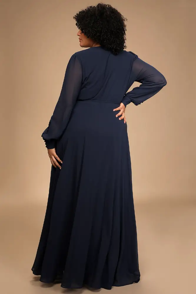 Wedding Guest Outfits for Curvy Ladies Navy Blue Long Sleeve Wrap Dress