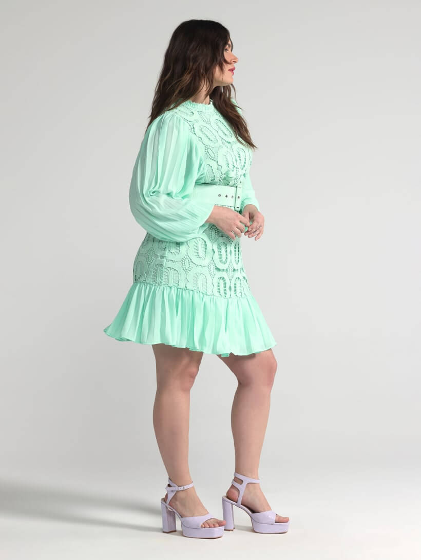 Wedding Guest Outfits for Curvy Ladies Turquoise Lisbeth Crochet Lace Belted Dress