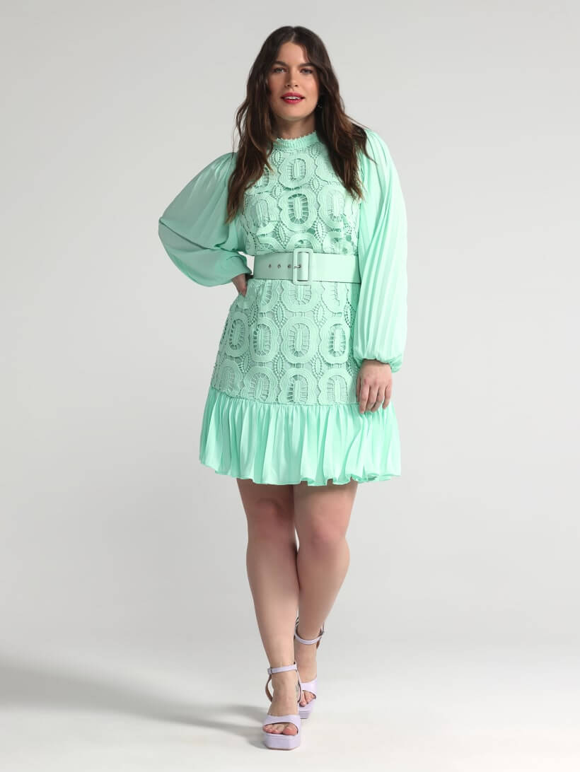 Wedding Guest Outfits for Curvy Ladies Turquoise Lisbeth Crochet Lace Belted Dress