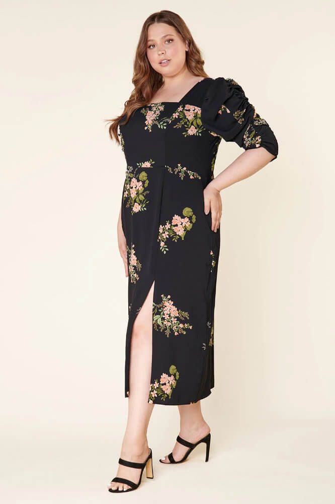 Wedding Guest Outfits for Curvy Ladies What to Wear to A Wedding If You Are Plus Size Jasleen Floral Ruched Sleeves Midi Dress 3