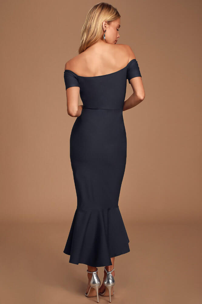 What to Wear to A Wedding As A Guest Female Blue Off-the-Shoulder Midi Dress 4