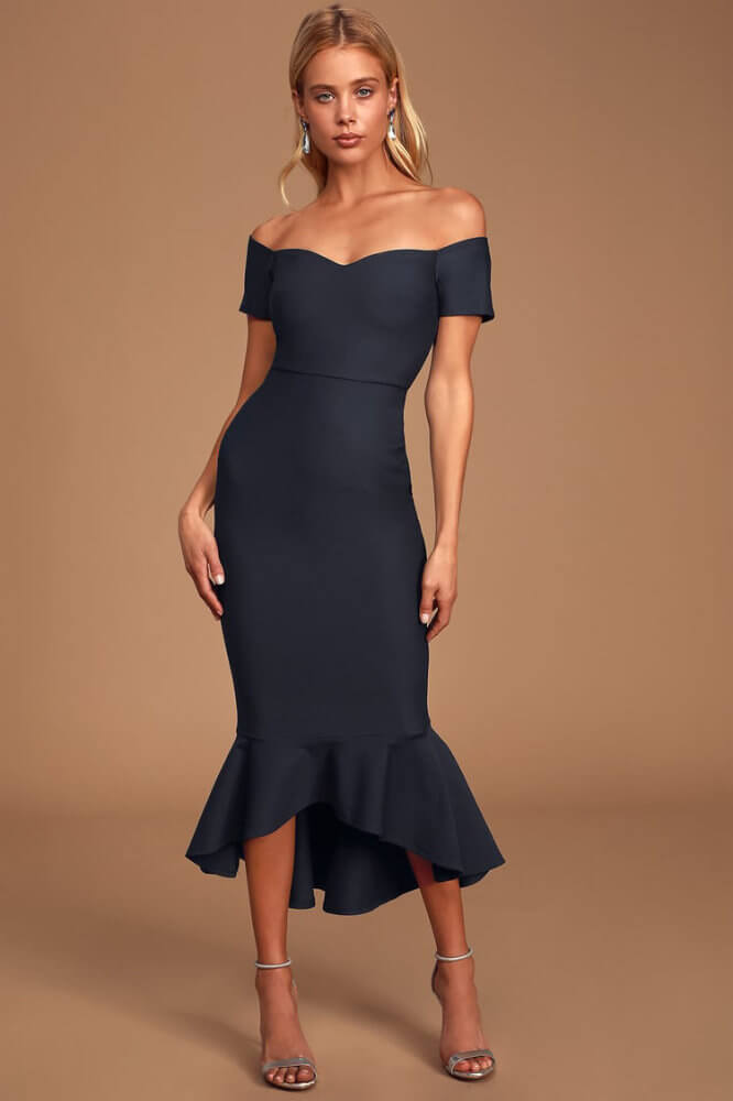 What to Wear to A Wedding As A Guest Female Blue Off-the-Shoulder Midi Dress