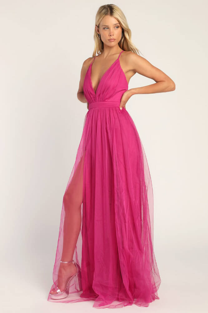 What to Wear to A Wedding As A Guest Female Magenta Backless Maxi Dress 3
