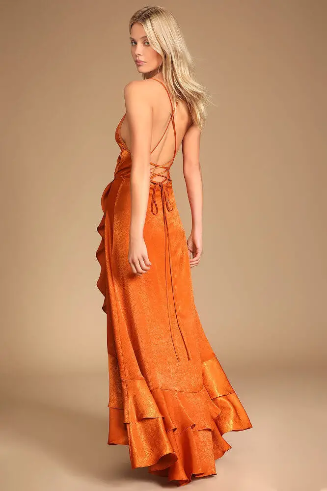 What to Wear to A Wedding as A Guest Female Wedding Guest Outfits Rust Orange Satin Lace-Up High-Low Maxi Dress 2