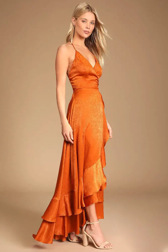 What to Wear to A Wedding as A Guest Female Wedding Guest Outfits Rust Orange Satin Lace-Up High-Low Maxi Dress 3