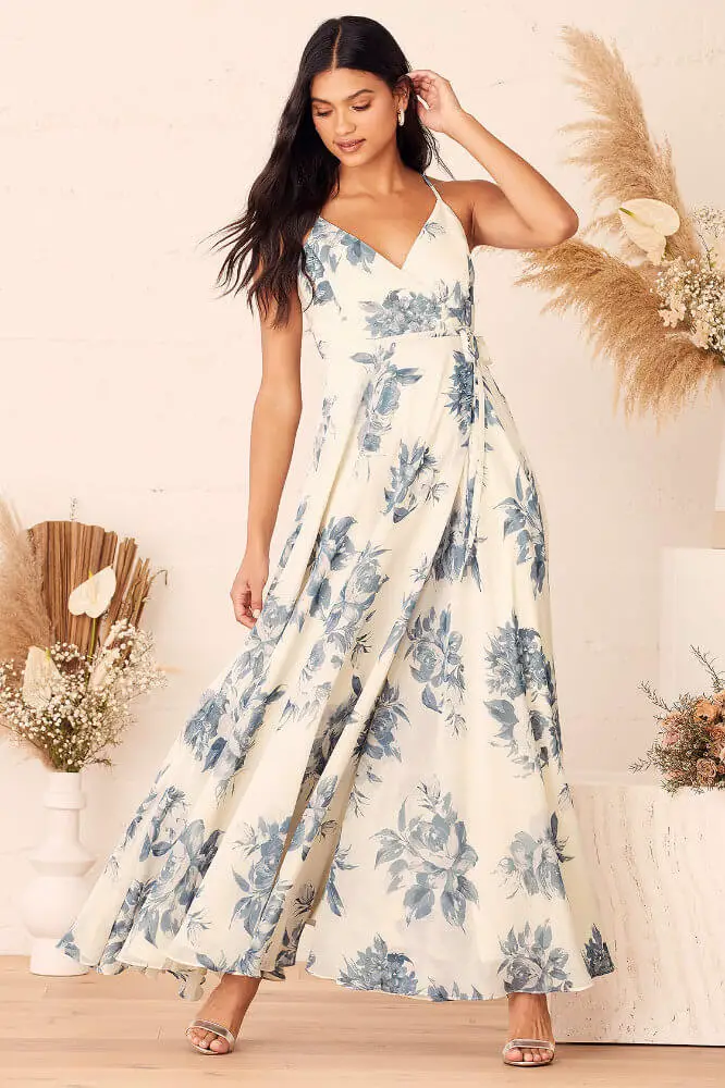 Where to Buy Floral Print Bridesmaid Dresses Online Cream Blue Floral Print Wrap Maxi Dress Lulus 2
