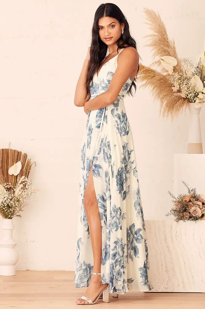 Where to Buy Floral Print Bridesmaid Dresses Online Cream Blue Floral Print Wrap Maxi Dress Lulus 3