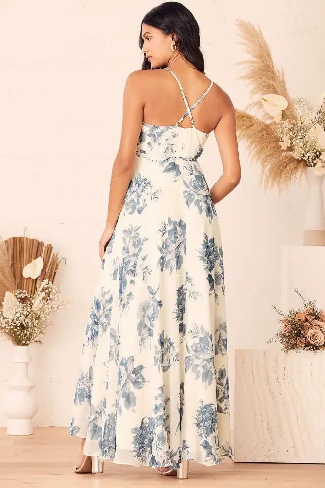 Where to Buy Floral Print Bridesmaid Dresses Online Cream Blue Floral Print Wrap Maxi Dress Lulus