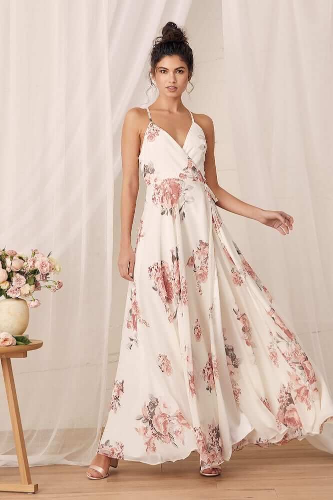 Where to Buy Floral Print Bridesmaid Dresses Online Cream Floral Print Wrap Maxi Dress Lulus 2