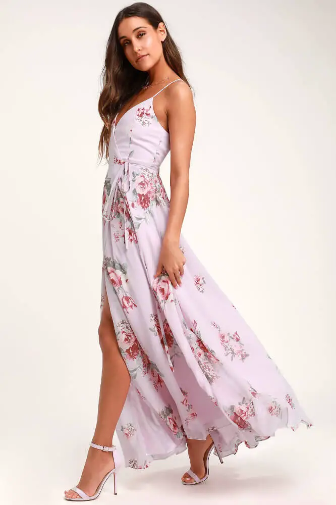 Where to Buy Floral Print Bridesmaid Dresses Online Lavender Floral Print Wrap Maxi Dress Lulus 2