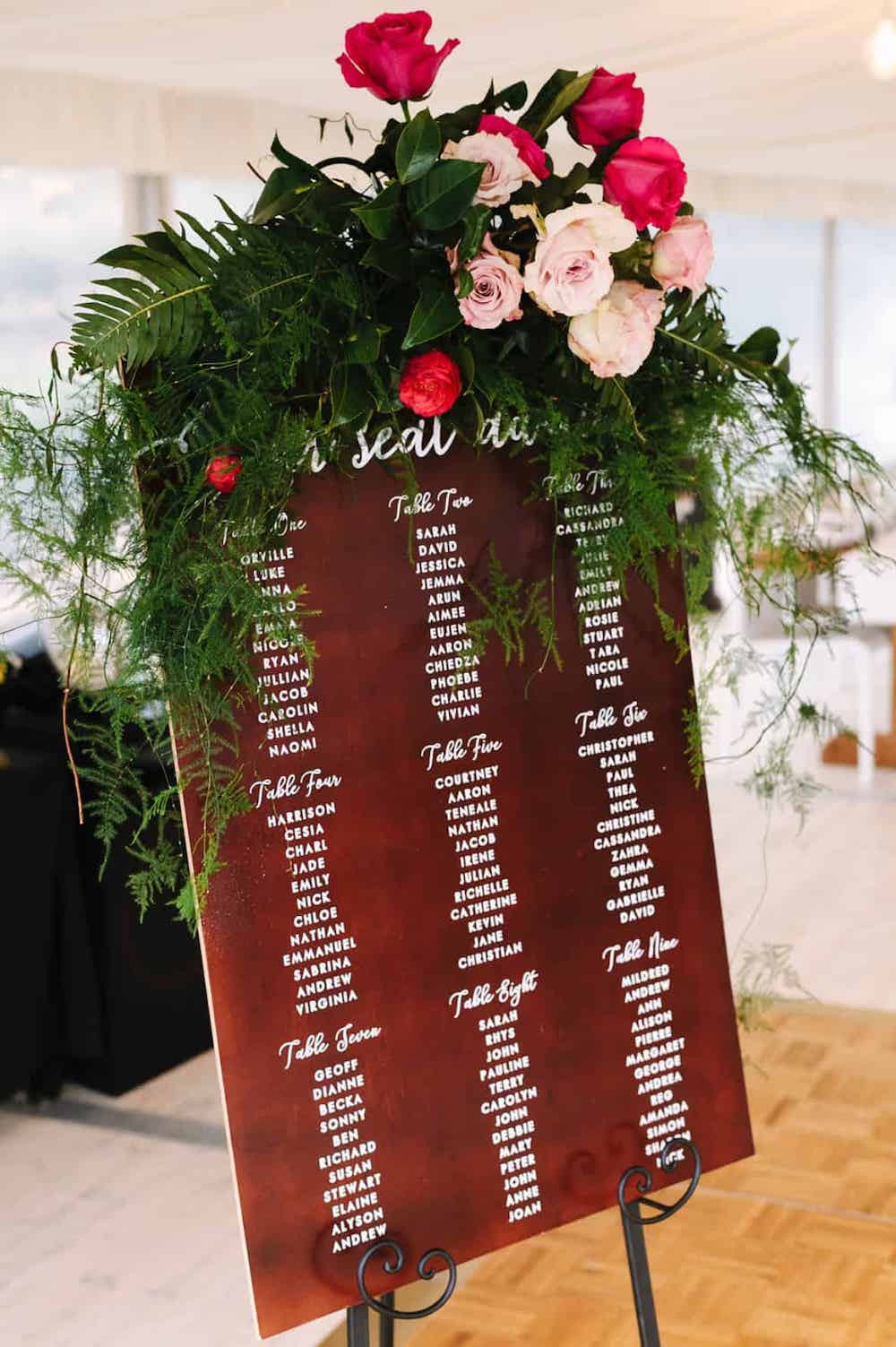 Wooden Seating Chart Wedding Inspiration Calligraphy White Ink